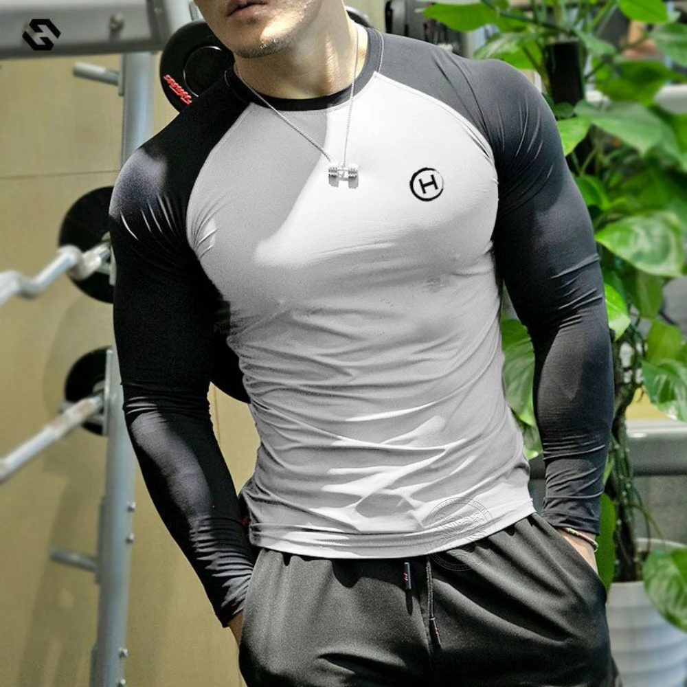 Spring and Summer New Fitness Long-sleeved Men\'s Quick-drying Milk Silk Body Shaping Sports Training Thin Solid Color M-3XL