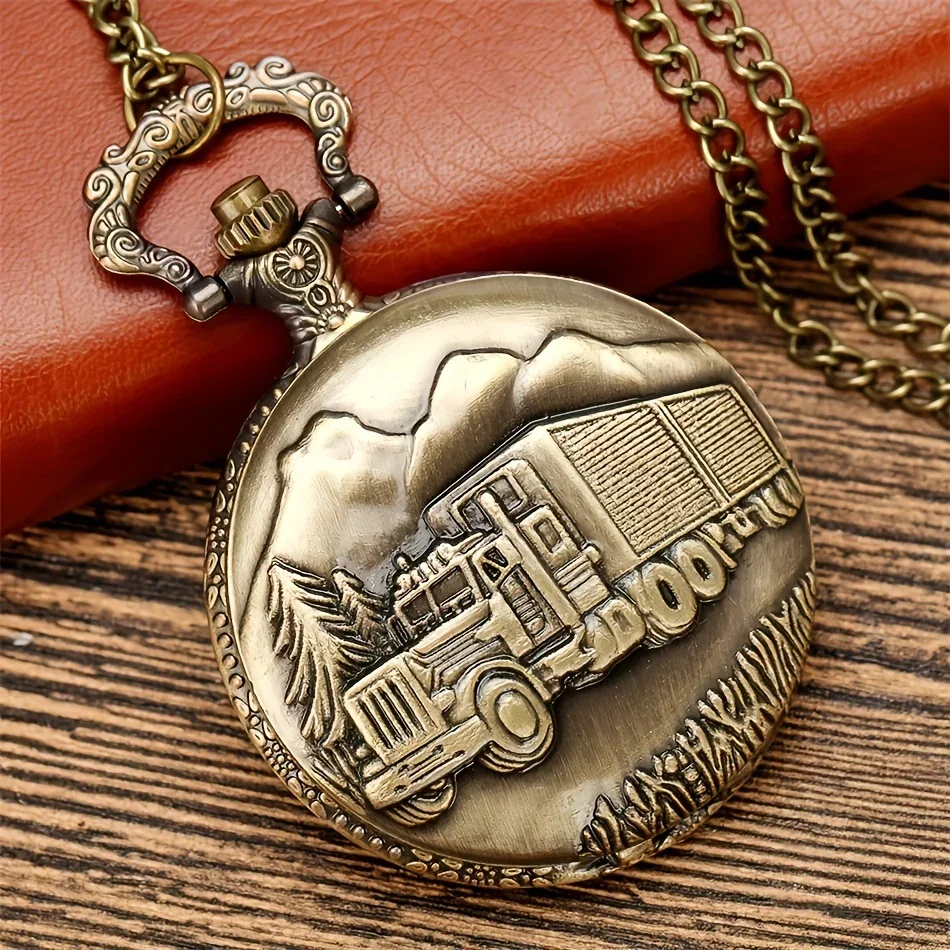 Bronze Big Truck Necklace Quartz Pocket Watch - Vintage Nostalgic Design, Perfect Holiday Gift for Teens