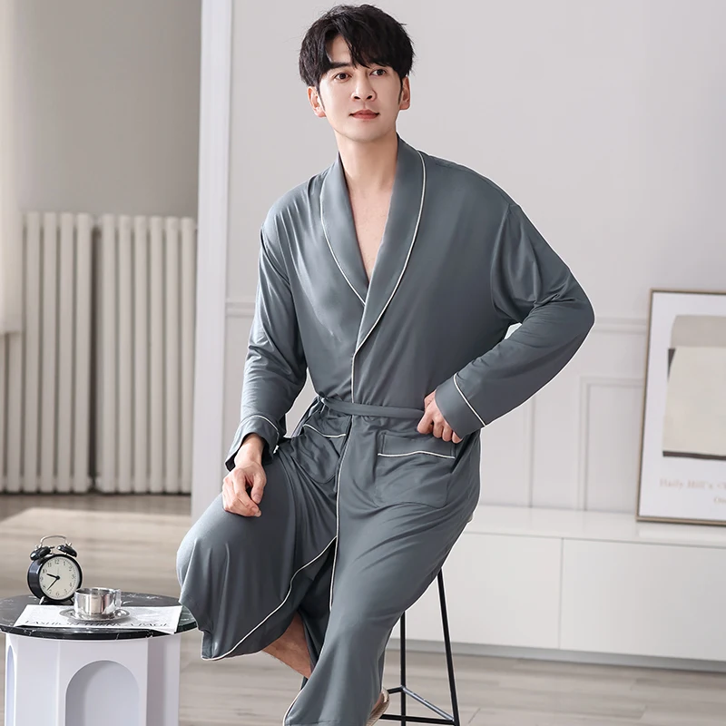 Men's Long Robes Spring Autumn Male Kimonos Homme Pijamas Hombre Sleepwear Long-Sleeve Soft Modal Lounge Sleep Bathrobes 3XL 4XL