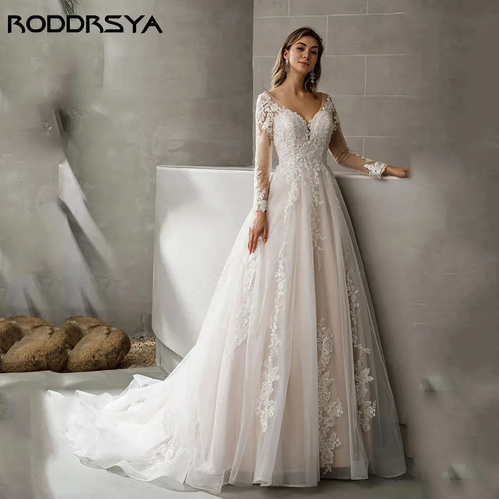 RODRSYA Romântico Renda Vestido de Noiva Backless Applique Vestidos de NRODDRSYA Romântico Lace Vestido De Noiva Backless Applique Vestidos De Noiva Manga Comprida V Neck See-through A Line Sweep Train Vestido De Noiva