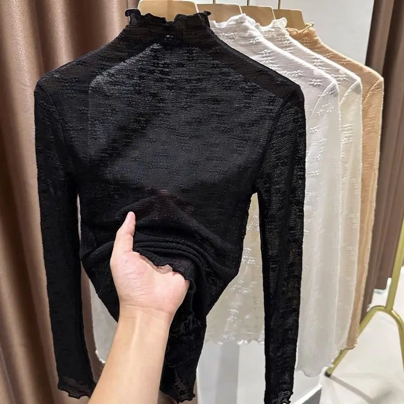 Black half high necked lace bottom shirt for women in the autumn of 2023, with a high-end feel and a trendy long sleeved collar