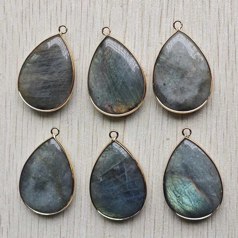 Fashion natural Labradorite gold color side water drop shape Pendants for jewelry making 6pcs/Lot Wholesale fast shipping