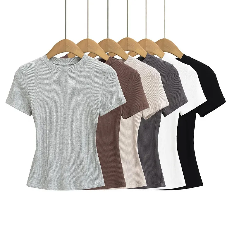 Rundhals Hochelastische Sommer-Cropped-Tops Damen Kurzarm-Oberteile Sexy Pullover Unterziehblusen Schlanke T-Shirts – Detail 2