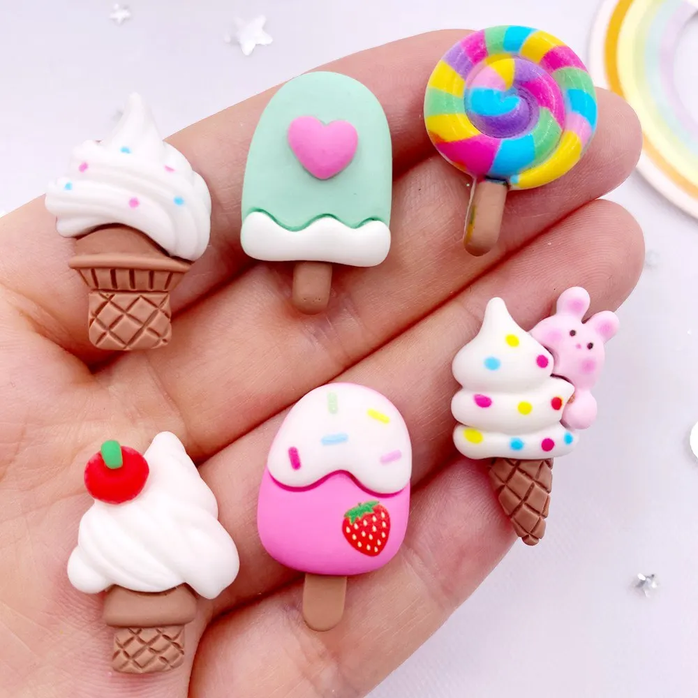 12PCS Resin Colorful Cartoon Rabbit Cherry Cone Ice Cream Lollipop Popsicle Scrapbook Flatback 3D Food Figurine DIY Decor M432 C