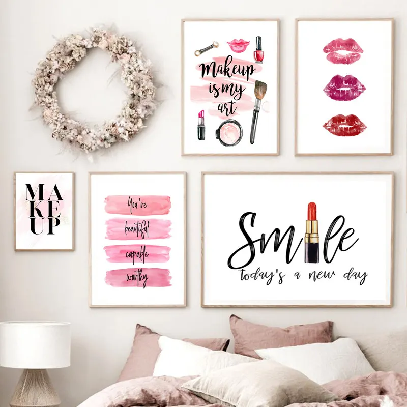 Fashion Poster Lipstick Makeup Brushes Canvas Print Wall Art Painting Cosmetic Pictures Beauty Posters Girl Room Home Decoration