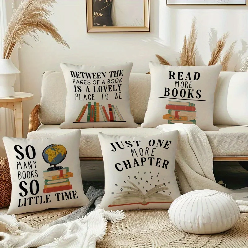 4pcs Set, Reading-Themed Pillow Covers with Book Patterns and Slogans, 2D Single-Sided Print, Multiple Sizes, Zipper Closure, Ea
