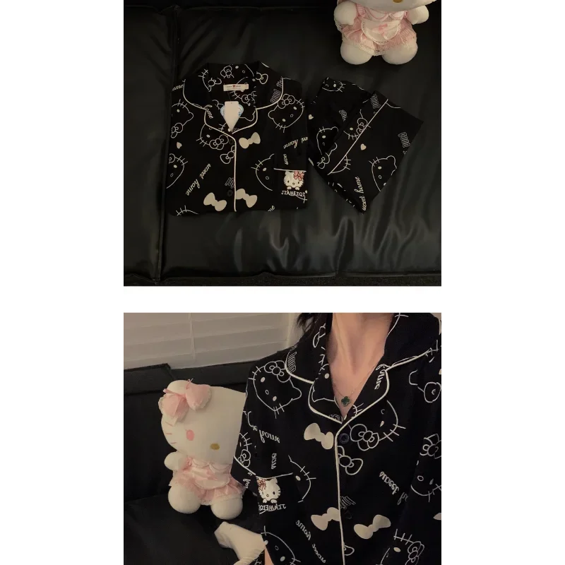 New Sanrio Hello Kitty Cute Black Pajamas Sets Women Summer Short Sleeve Sleepwear Korean Fashion Casual Home Suit Clothes Anime