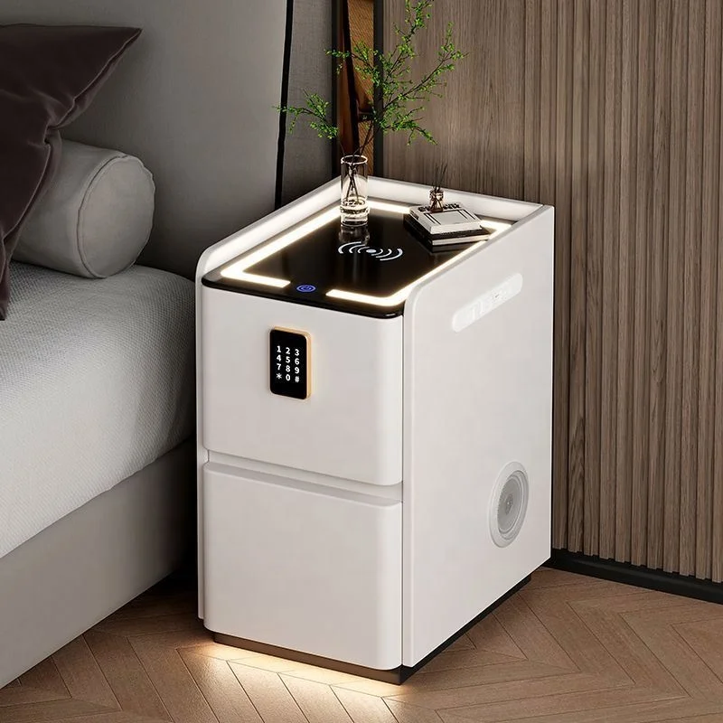 Wholesale Custom Luxury Wireless Charging Smart Bedside Table Bluetooth Audio USB Night Stands LED Lamp with Coded Lock