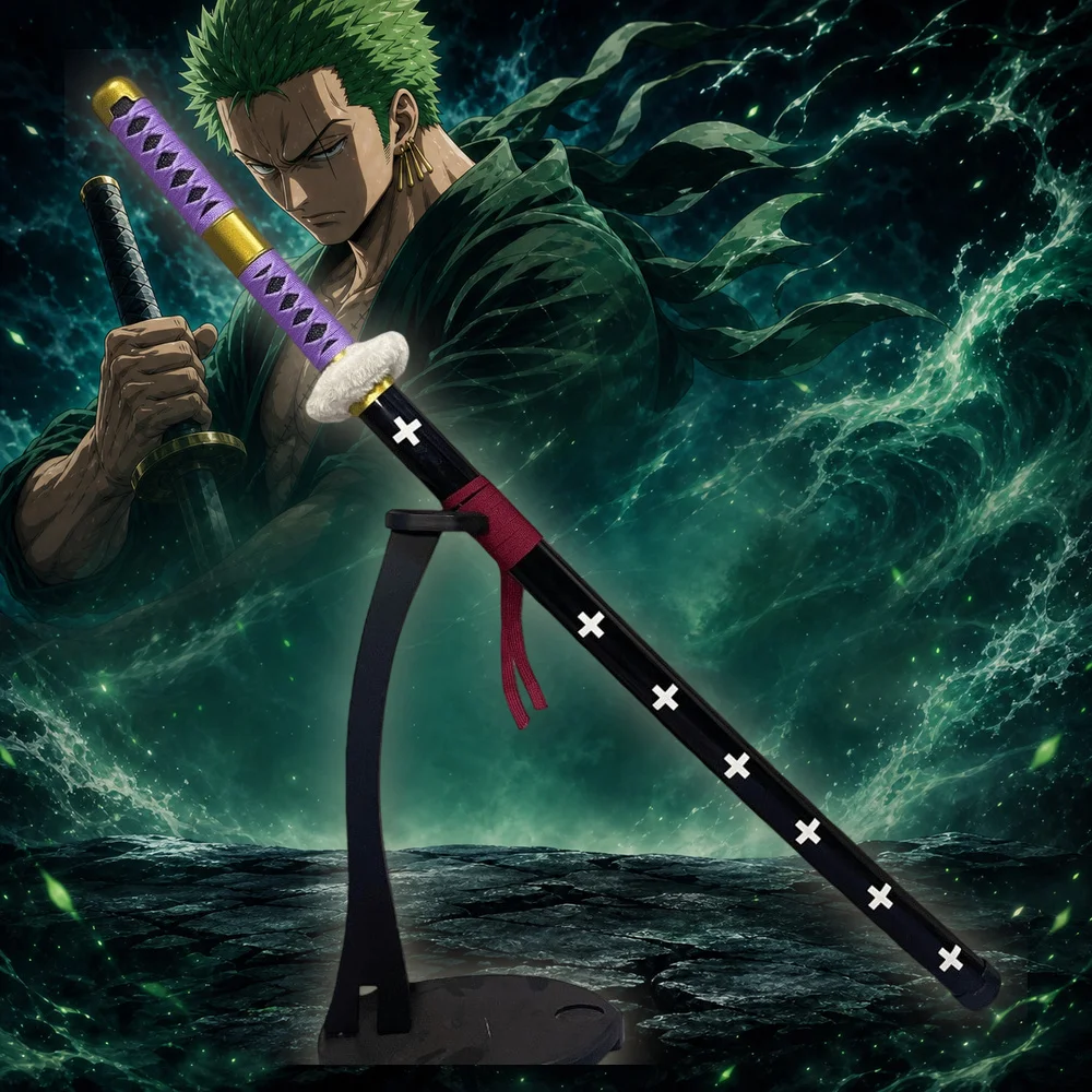 40inch 104cm Katana Sword One Piece Zoro LED Light Up Glowing Shusui Sandai Kitetsu Blade Japanese Samurai Anime Cosplay Prop Stand 2pcs Set Real Size Otaku Collectible Gift Toy Display Luminous Ninja Knife Schwert Sabre