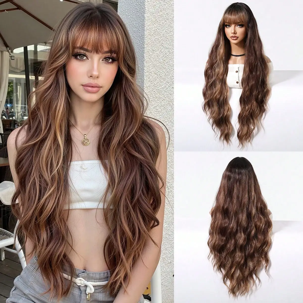 30 Inches Long Brown Mix Blonde Highlights Wig with Bangs for Woman Honey Brown Balayage Heat Resistant Fiber Long Curl Synthetic Wig for Girls Suitable for Halloween Cosplay Daily Wear and Christmas