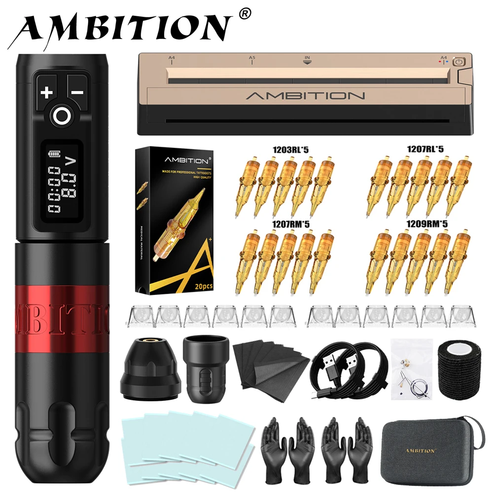 Ambition Soldier Wireless Tattoo Gun & G1 Portable Thermal Tattoo Printer 20pcs Glory Tattoo Cartridge Needle Professional Set