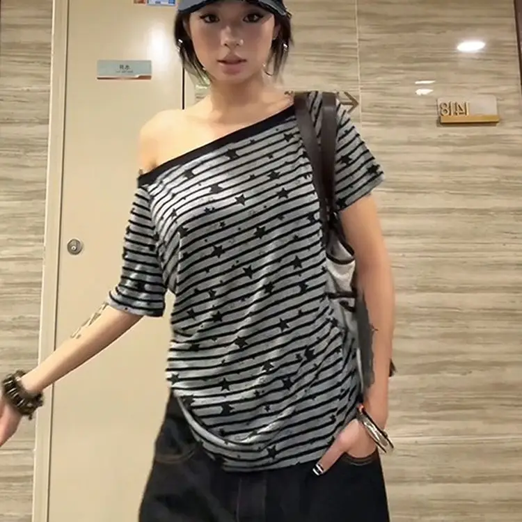 Off Shoulder Star Striped T Shirt Women Y2K Vintage Short Sleeve Tees Casual Loose Streetwear Gothic Summer Tops Daily Wear 2026
