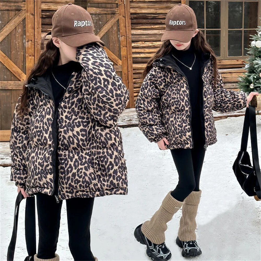 2379 Leopard Print Winter Children\'s Down Jacket Thickened Hooded Girls\' Outdoor Cotton Jacket Thousand Bird Grid Cotton Coat