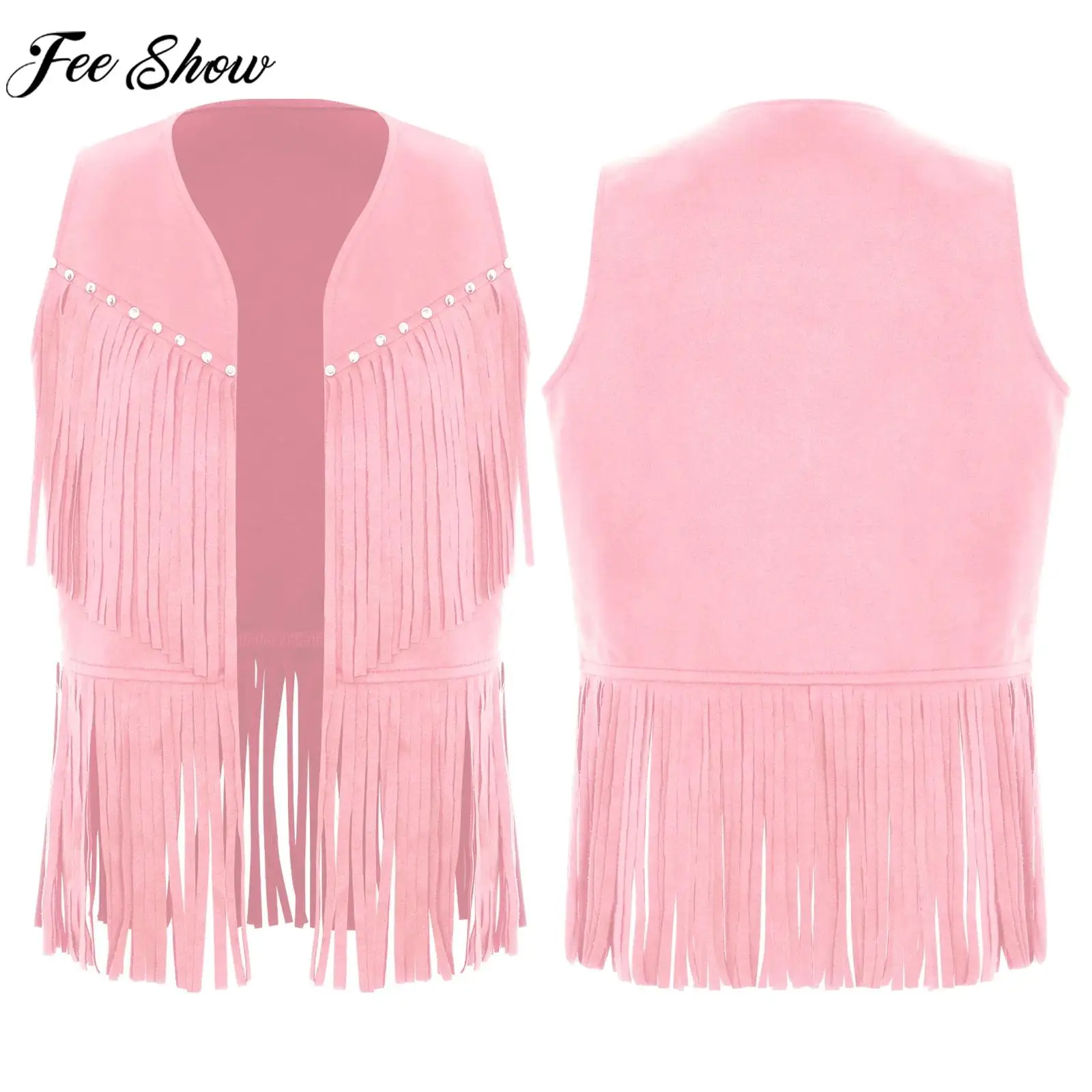 Kids Western Cowboy Cowgirl Cosplay Vest Retro Rivets Tassels Waistcoat Top Halloween Carnival Theme Party Role Play Costume