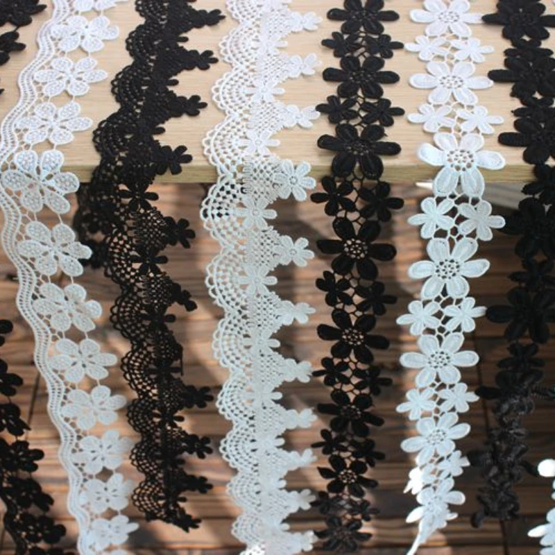 Water Soluble Lace Embroidered Fringe Ribbons, Off White, Black Flower, Collar Trim, Curtains Dress, DIY Sewing Supplies