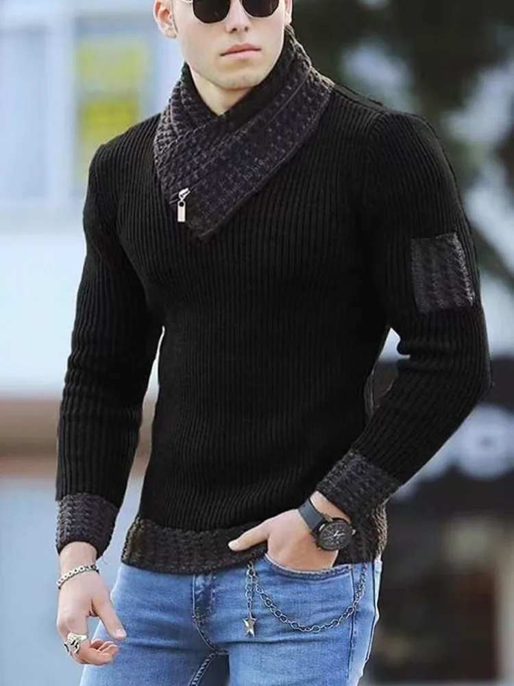 2025 Men's Slim-Fit Pullover Sweater With Long Sleeves Scarf Collar For Warmth And Comfort In Autumn And Winter