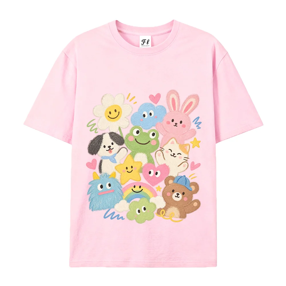 Pastel Kawaii Doodle Graphic T Shirt Unisex Cute Cartoon Character Print Tee Vintage Casual Streetwear Short Sleeve Top