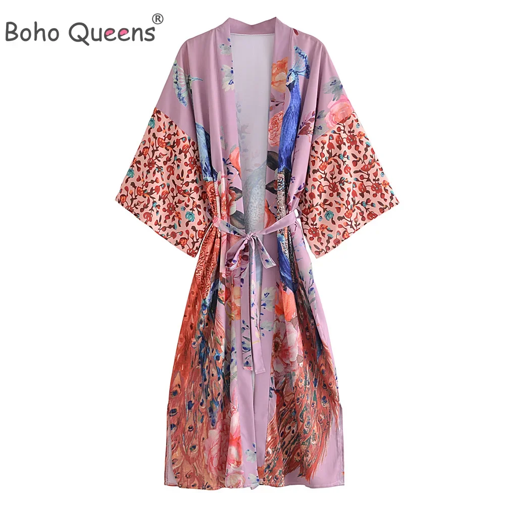 Boho Queens Fashion Women Crane Floral Print Bohemian Kimono Dress Batwing Sleeves Beach Robe Kimono Bikini Cover-up