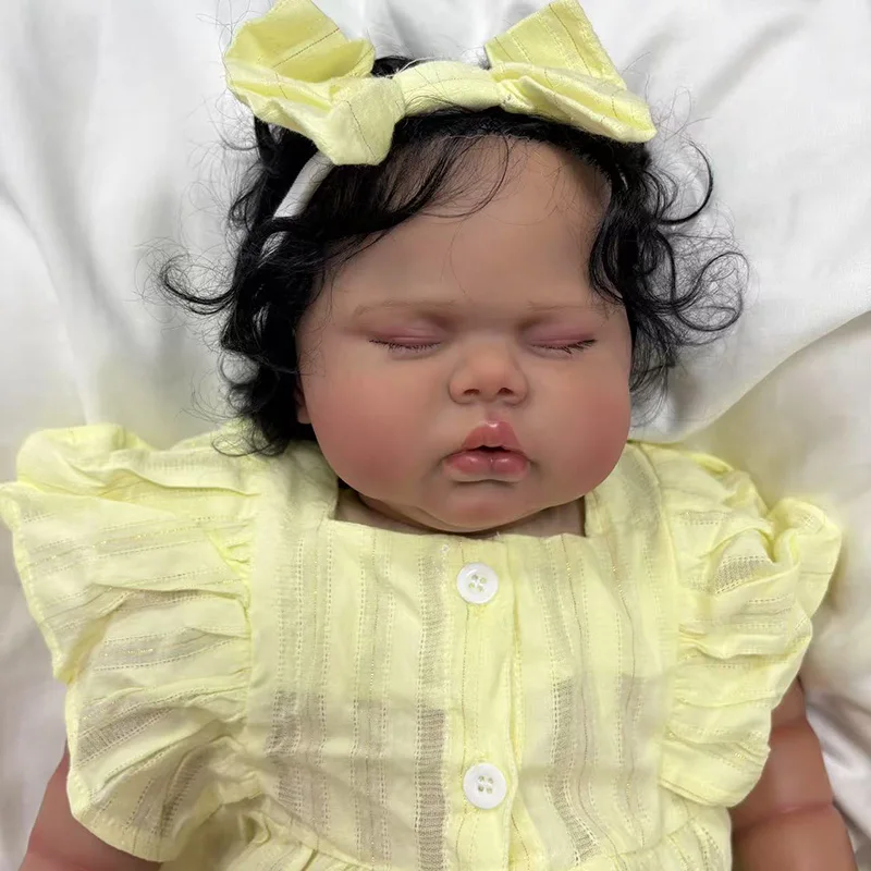 

24inch Pickle Soft Cloth Body Dark Skin Multiple Layers Painting Reborn Sleeping Baby Doll 3D Skin With Hand Rooted Curly Hair