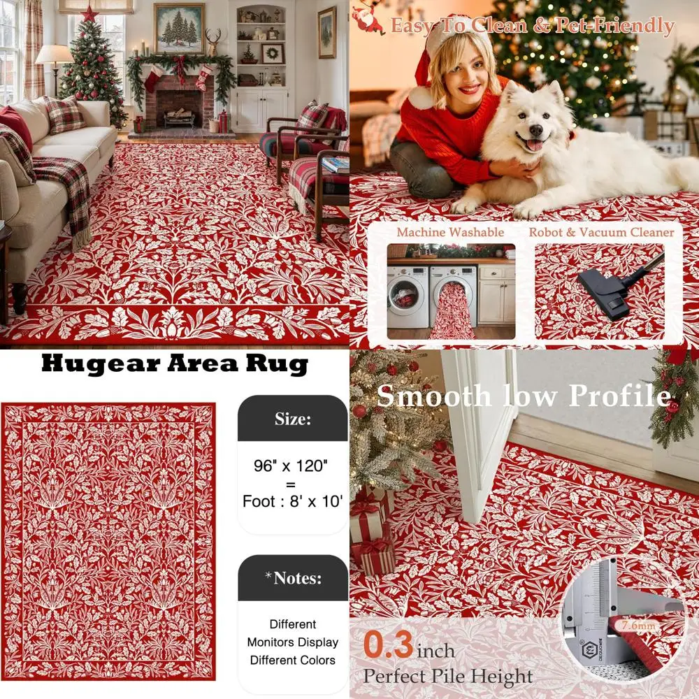 

Vintage Floral 8x10 Area Rug, Large Washable Low Pile Carpet, Red/White Christmas Living Room