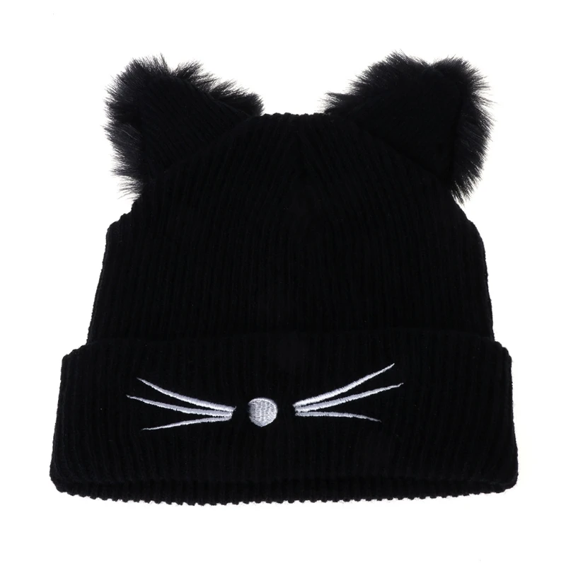 Lovely for Cat Ears Knitted Hat With Fur Trim Women Solid Color Winter Warm Hats Lady Kawaii Winter Beanies Casual Wool