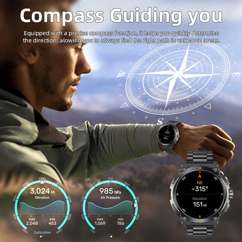 LIGE جديد 466*466 AMOLED شاشة ساعة ذكية البوصلة لتحديد المواقع الرياضة المقتفي الساعات IP68 مقاوم للماء 400mAh بلوتوث دعوة Smartwatch