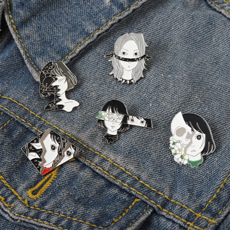 Custom Punk Half Mask Girl Enamel Pins Anime Neo-Gothic Character Brooch Backpack Metal Badge Jewelry Gift For Friends Wholesale