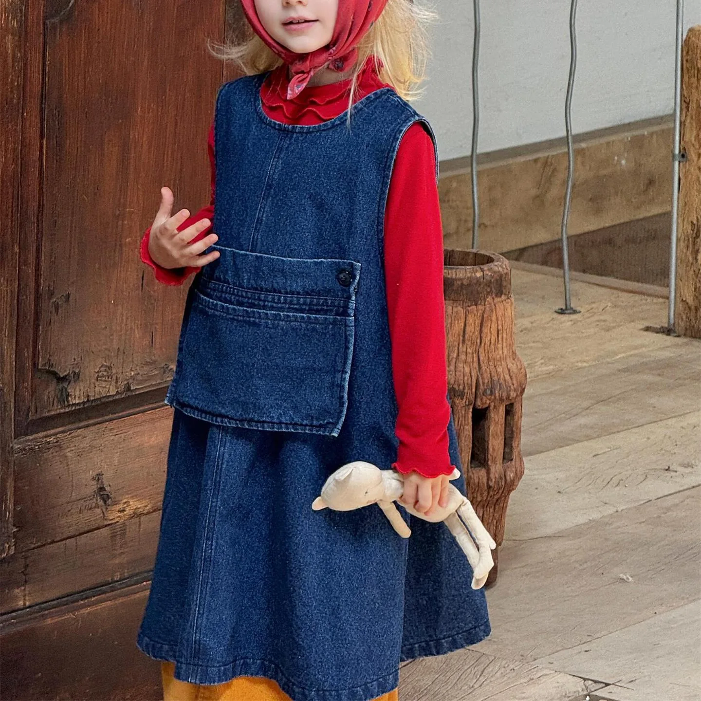 

Korean Children Clothing 2025 Autumn New Girls Suspender Dress Denim Blue Vest Dress Casual Layered Dress