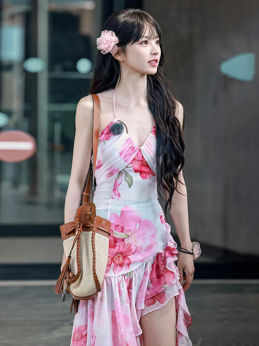 Ele Cintura alta Estampado floral Asimétrico Largo Dr Mujer Colgante Neline Dr Temporada de verano Poliéster Spandex