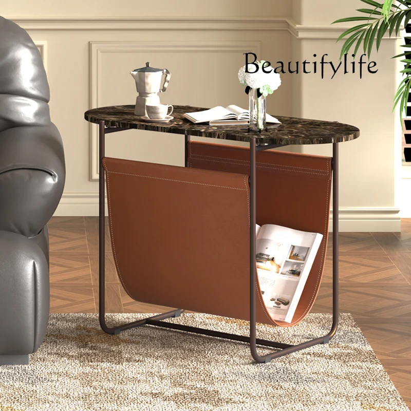 Italian-Style Light Luxury Newspaper Stand Marble Small Side Table Modern Leather Side Table Rose Gold Stainless Steel