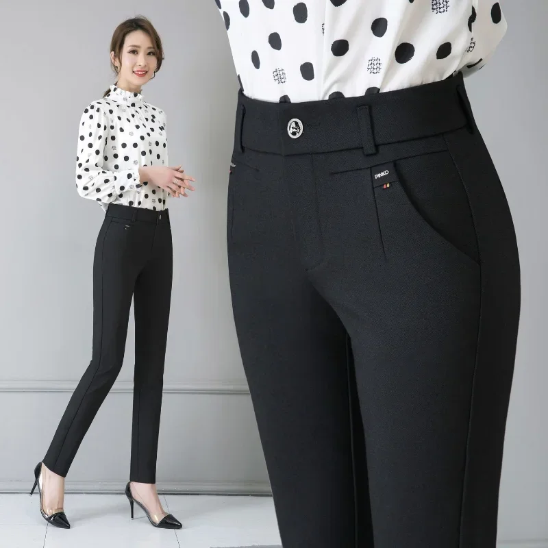 

Весенне-осенние женские однотонные узкие брюки-карандаш с высокой талией, большие размеры, карманы на пуговицах, модные повседневные пригородные брюки XT1277