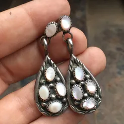 Antique Metal Drop Earrings Set with Four Oval Opal Drop Earrings Women's Jewelry