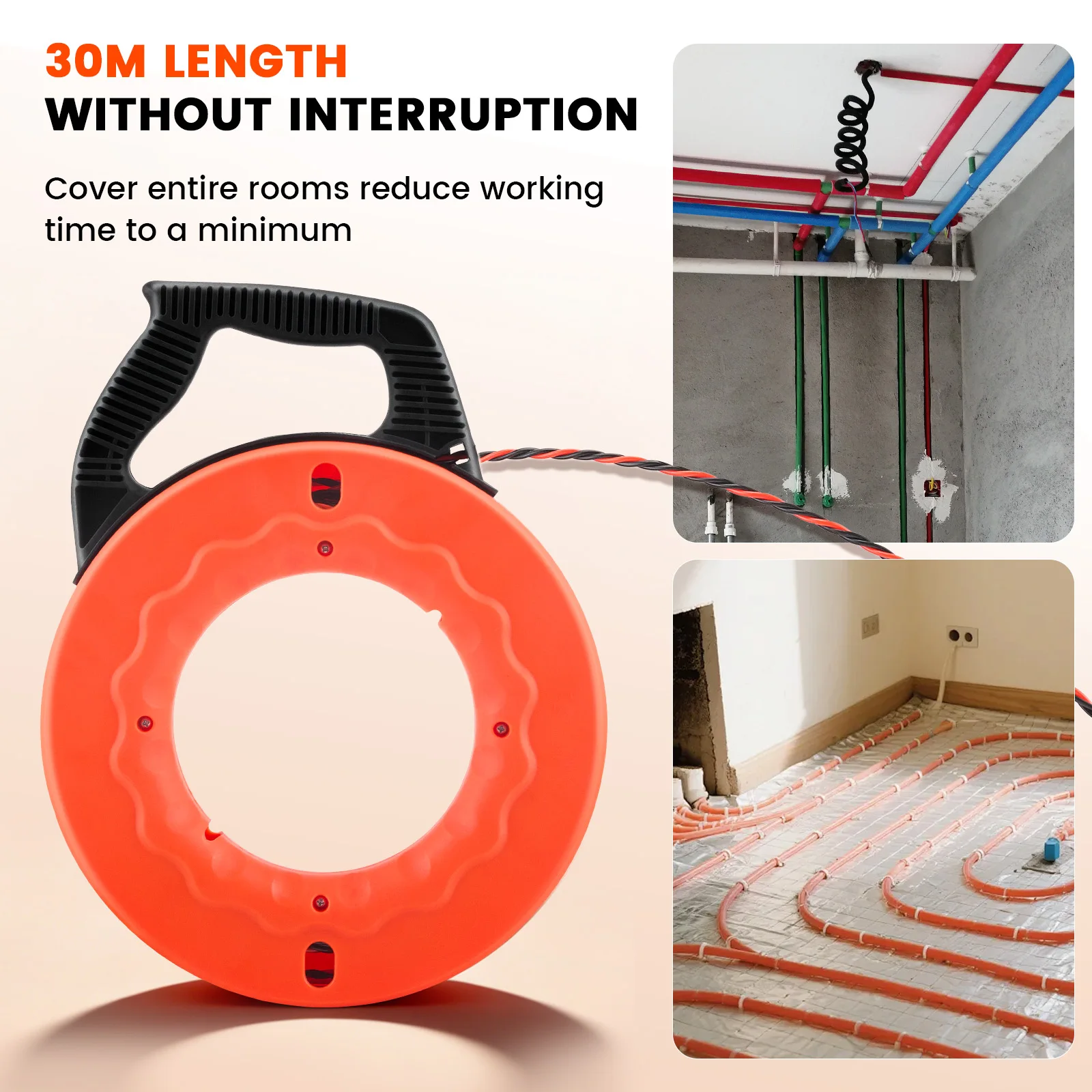 Aide à la rétraction de câbles de 30 m, tire-câble à ressort spiral rétractable, guide-rouleau de fil de traction en PET de 5 mm, distributeur de câbles pour l'enfilage de câbles dans des conduits vides