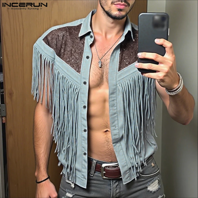 INCERUN Men Shirt Shiny Tassel Patchwork Lapel Short Sleeve Men Clothing Streetwear Loose 2025 Fashion Casual Camisas Party Tops