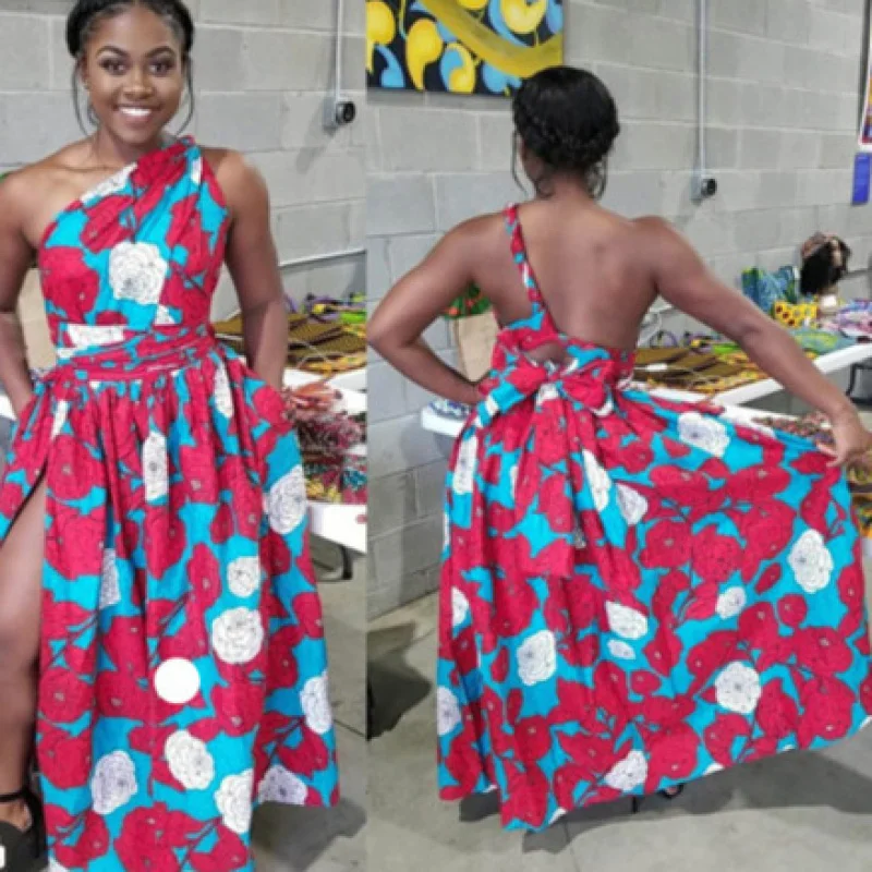 

Women'S Printed, Sexy Tie Up Dress With Slit And Floor Mopping Skirt