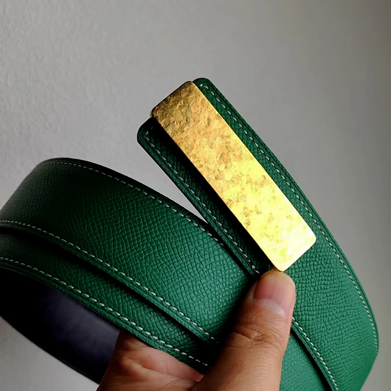 Double Titanium Pin Belt Buckle With Green Real Leather Belt