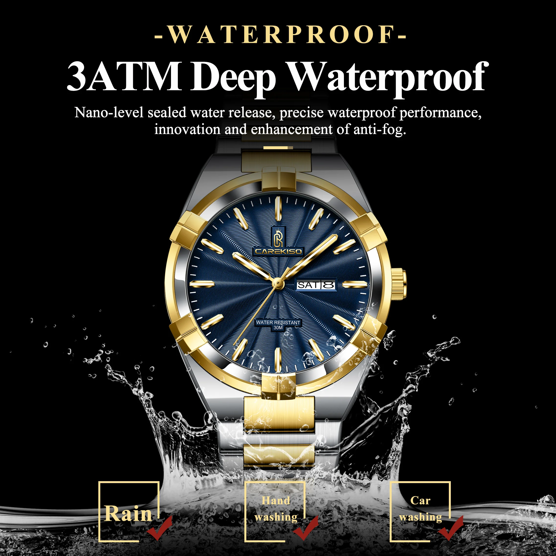 CAREKISO Military Business Men Clock Date Week Waterproof Luminous Quartz Man Wristwatch Stainless Steel Men's Watches Reloj+Box