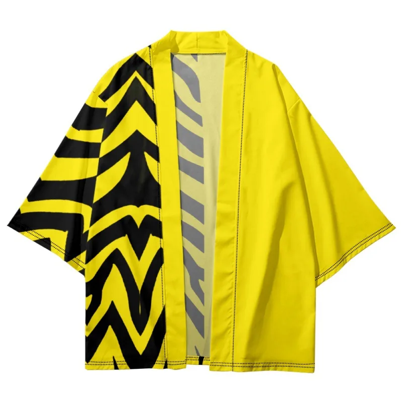 

Black Striped Printed Men Women Summer Yellow Kimono Beach Shorts Japanese Cardigan Cosplay Yukata Clothing Harajuku Haori