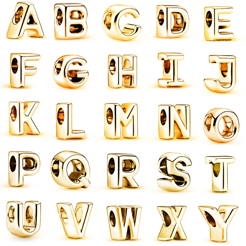 

New Gold Color 26 Letters A - Z Alphabet Charm Beads 925 Silver Plated For Pandora Charms Bracelet Pendant Keychain DIY Jewelry