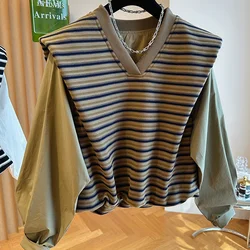 Sudadera Mujer Shoulder Pad V-neck Fake Two-piece Top Sleeve Patchwork Striped Sweatshirts Women Autumn 2025 Vintage Grunge