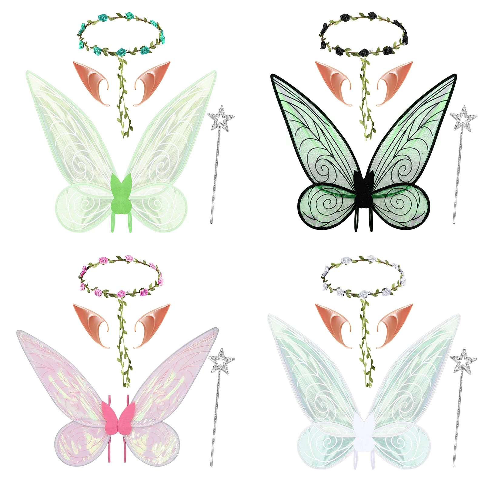 Fairy Costume Accessories Sparkling Butterfly Wings Birthday Halloween Costume Fairy Accessories Flower Crown Wand with Elf Ears