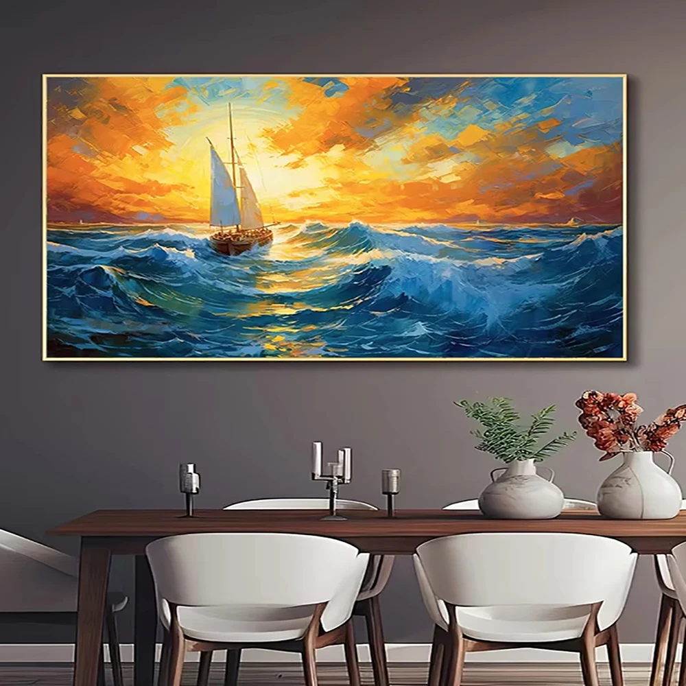 Modern Sailboat Sunset Poster Prints Beautiful Abstract Seascape Canvas Painting Wall Art Picture for Living Room Home Decor