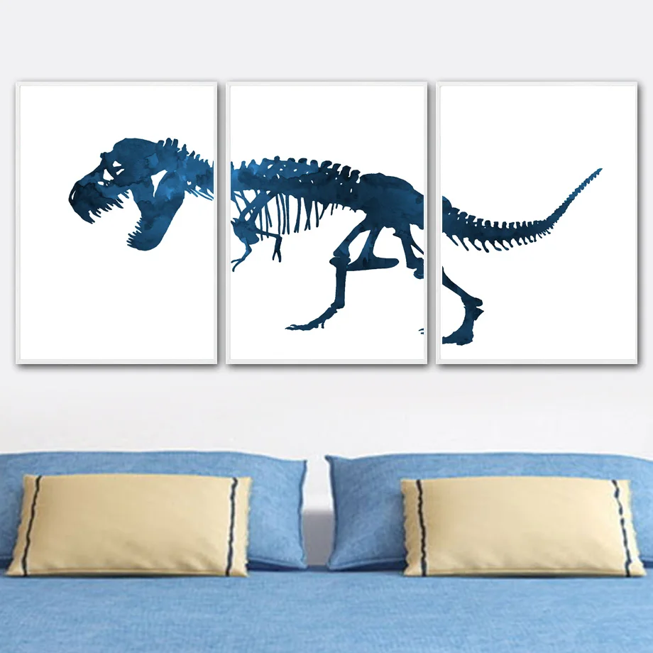 Navy Blue Dinosaur Skeleton Wall Art Print Canvas Painting Wash Brush Floss Flush Nordic Poster Wall Picture Baby Boy Room Decor