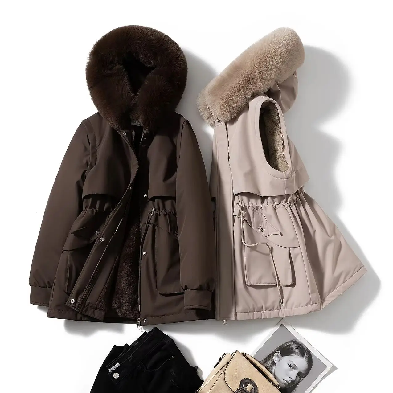 Autumn Women Plush Lined Detachable Sleeves Parka Coat Female Big Fur Collar Removable Hood Thick Loose Casual Winter Outerwear