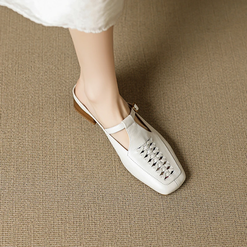 

2025 Outside Summer Women Mules Genuine Leather Women Shoes Cover Toe Chunky Heel Slippers Square Toe Hollow-out Modern Slippers