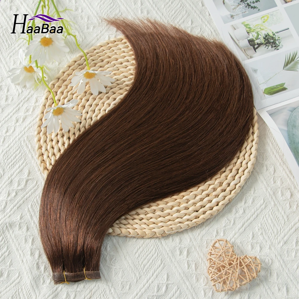 Ekstensi rambut PU panjang 12 "18" 20 "22", ekstensi rambut lurus coklat tua tidak terlihat, lem rambut manusia 95-100g tanpa pita