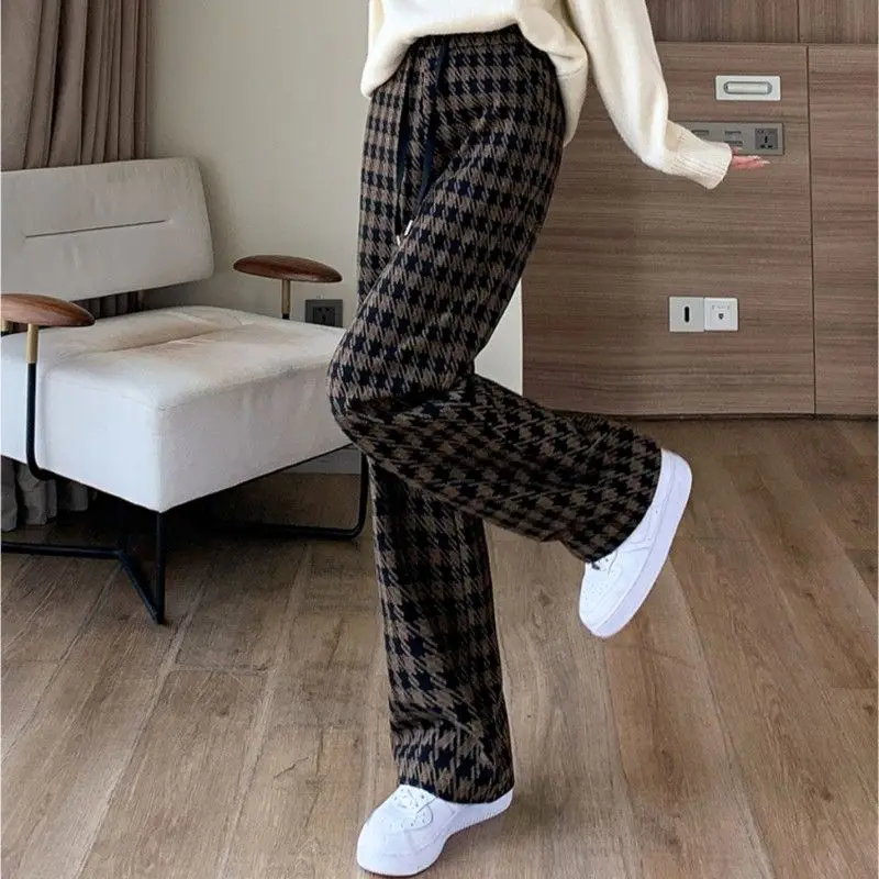 Simplicity Vintage Autumn New Pants Women Plaid Drawstring Elastic High Waist Fashion Straight Casual Loose Wide Leg Trousers