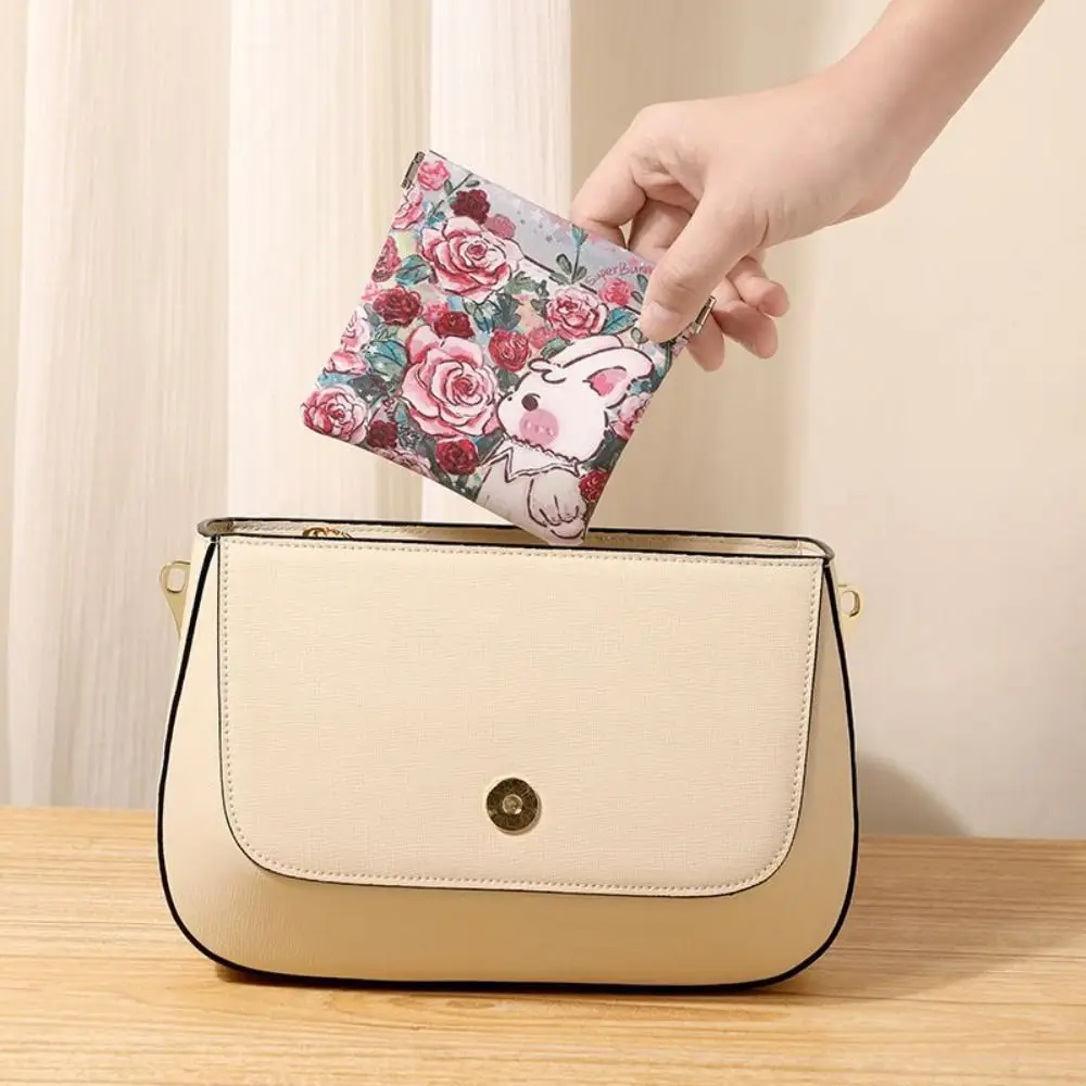 Simple Pu Leather Mini Cosmetic Bag Print Self-closing Lipstick Storage Bag Automatic Closed Flower Coin Bags Earphone Bag