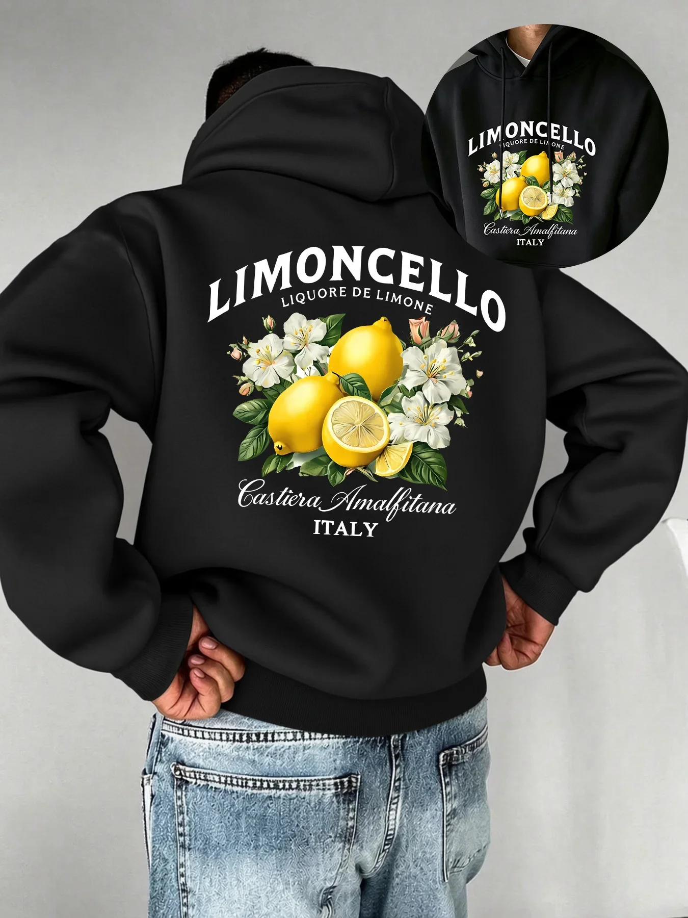 Men's Hoodies Vintage Italian Limoncello Graphic Printed Sweatshirt Lemon Flower Graphic Autumn Winter Warm Fleece Hooded Tops