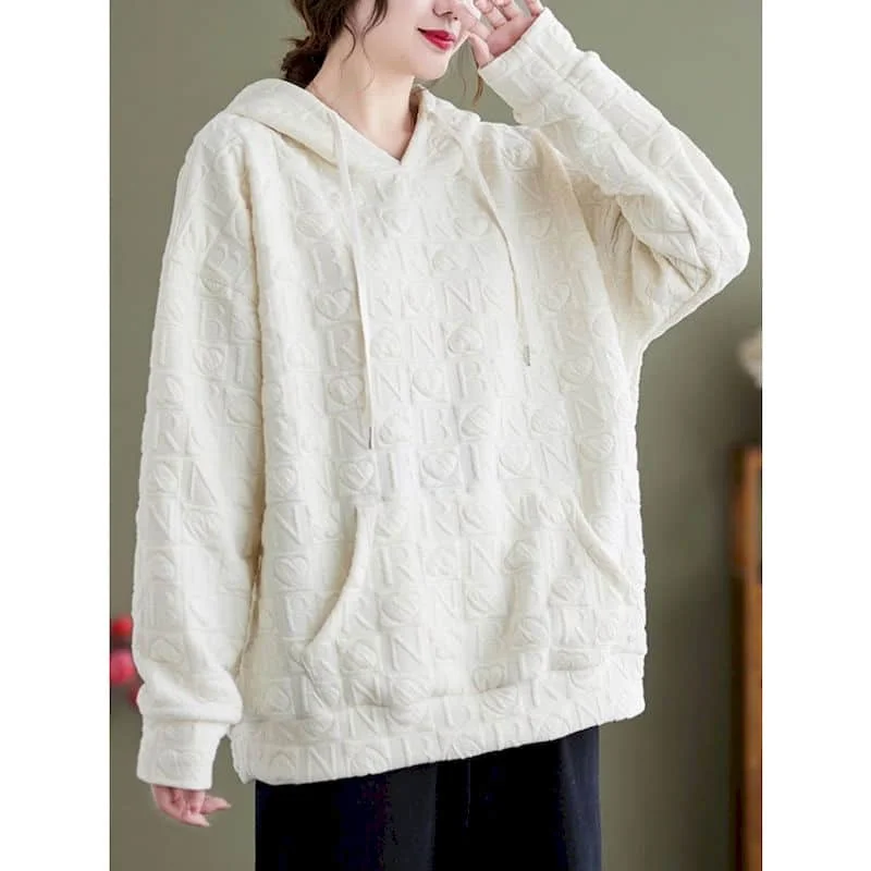 

Hoodies for Women Long Sleeved Oversized Hooded Sweatshirts Vintage Korean Style Jacquard Casual Autumn Winter Women Clothing